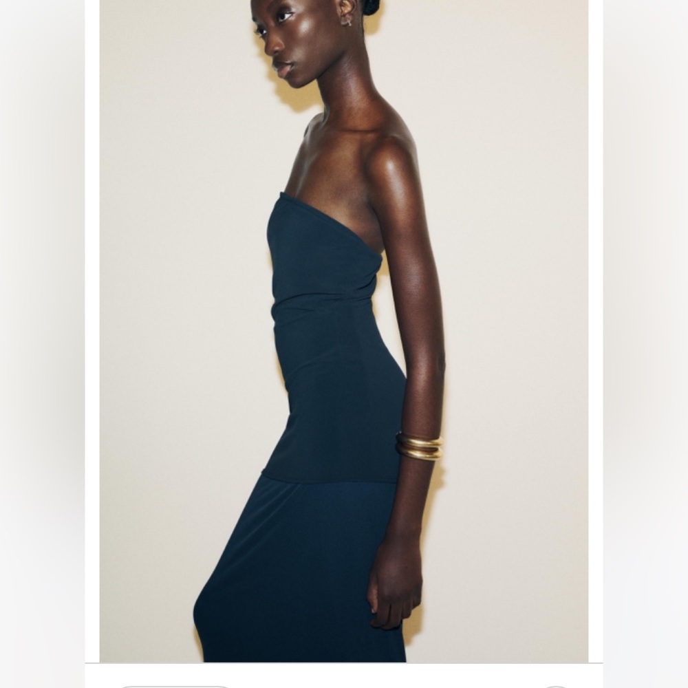 Zara NWT tiered Strapless Navy Blue Body con midi Dress size M